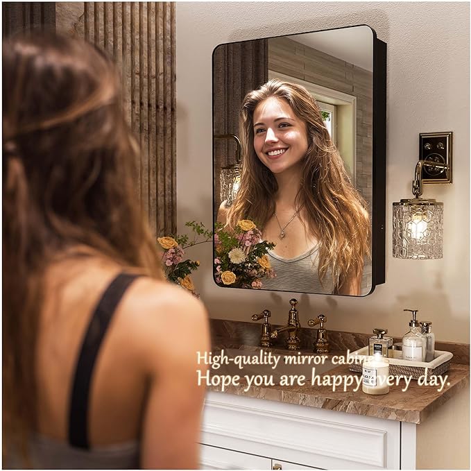 Medicine Cabinet with Mirror 16x24 Inch, Black Aluminum Bathroom Mirror Cabinet with Storage, 8 Adjustable Shelves Including 2 Anti-Tip Acrylic Boards, Recessed or Surface Mount, Soft Close