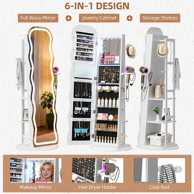 Vlsrka LED Mirror Jewelry Cabinet Standing, 360° Swivel, White | Lockable Jewelry Armoire with Mirror, Interior LED Makeup Mirror, Foldable Shelf, Large Capacity, Gift for Women, Girls
