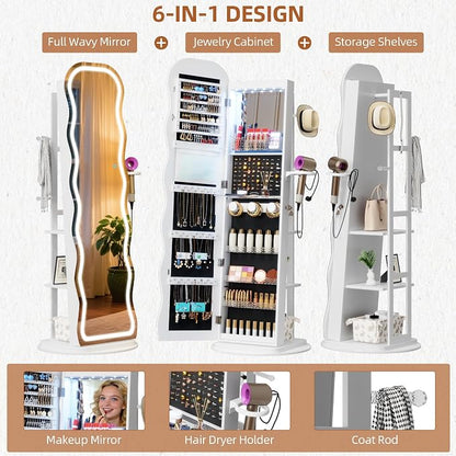 Vlsrka LED Mirror Jewelry Cabinet Standing, 360° Swivel, White | Lockable Jewelry Armoire with Mirror, Interior LED Makeup Mirror, Foldable Shelf, Large Capacity, Gift for Women, Girls