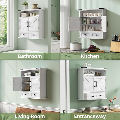Bathroom Wall Cabinet, 23" x 25" Farmhouse Over The Toilet Storage with Motion LED Light & Safety Drawers, Wooden Medicine Cabinet, Water-Resistant White Organizer (9" Depth)