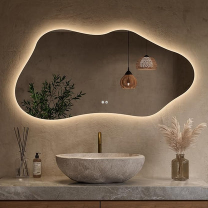 Keonjinn 48 x 24 Inch Asymmetrical Backlit Bathroom Mirror, Tempered Glass | Irregular Cloud Bathroom Mirror with Lights, 3 Color Lights, Dimmable, Fast Defogging, Memory Function, Plug-in/Hardwired