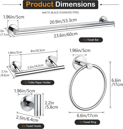 5Piece Polished Chrome Bathroom Hardware Accessories Set, 24" Towel Bar Set | Bathroom Towel Rack Set with Wall Mounted SUS304 Stainless Steel , Double Post Toilet Paper Holder, Towel Ring & Robe Hooks
