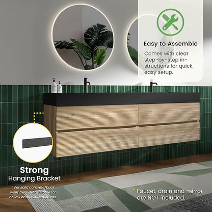 72" Floating Bathroom Vanity with Sink Combo, Modern Floating Double Sink Bathroom Vanity with Black Engineered Stone Tops & 4 Soft-Closing Drawers, Large Storage for Apartment, Hotel, Rough Oak