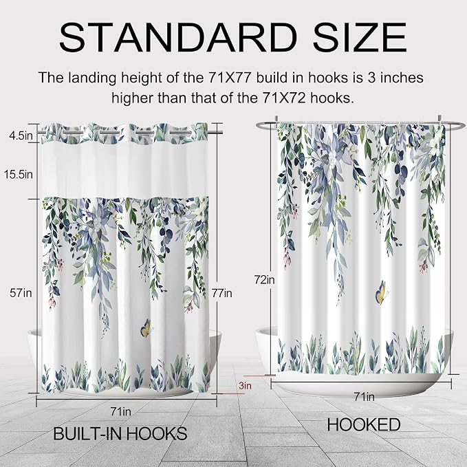 No Hook Shower Curtain and Liner Set, Green Eucalyptus 71x77 | Floral Design, with Snap in Liner, See-Through Top Window, Waterproof, Machine Washable, Quick-Drying, for Hotel Bathroom