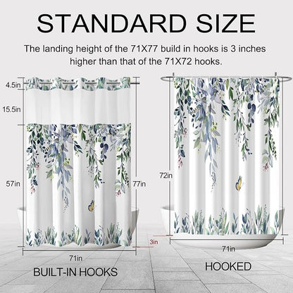 No Hook Shower Curtain and Liner Set, Green Eucalyptus 71x77 | Floral Design, with Snap in Liner, See-Through Top Window, Waterproof, Machine Washable, Quick-Drying, for Hotel Bathroom