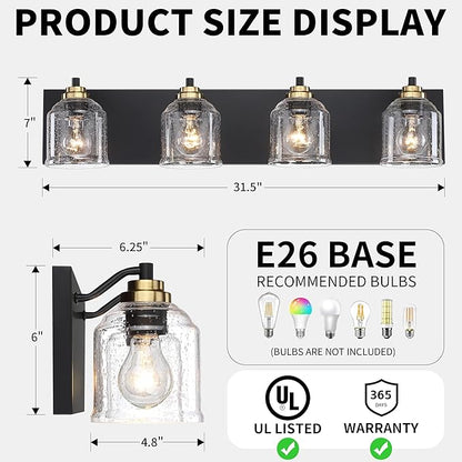 31.5" Large Farmhouse Bathroom Vanity Light,4-Light Black and Gold Metal Vanity Light with Bubble Glass Shades,Rustic Wall Sconce Lighting Fixtures Over Mirror for Barhroom,Kitchen. BD005-4-BG