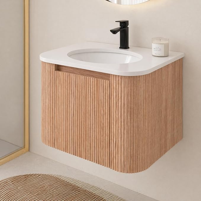 24 Inch Wall Mounted Bathroom Vanity with Ceramic Sink, Pre-Assembled Floating Vanity Cabinet with Marble Countertop, Wave Texture Finish & Drawer, Wood