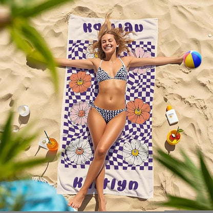 JML Personalized Beach Towel with Name, Custom Flower Beach Towel, Customized Microfiber Pool Towel, Quick Dry & Absorbent Swim Towel for Adult,Anniversary, Birthday, Summer Holiday,Vacation