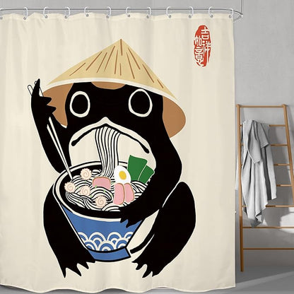 LGhtyro Extra Long Funny Frog Shower Curtain Bathroom Set 71Wx84H Inches Retro Cute Animal Asian Traditional Noodles Strawhat Vintage Bath Accessories Japanese Art Home Decor Fabric 12 Pack Hooks