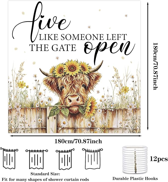 Highland Cow Shower Curtain, Rustic Farmhouse Floral Bath Curtain | 72x72 Inches, Waterproof Polyester Fabric, Country Bathroom Decor for Home Decorations, Includes 12 Hooks