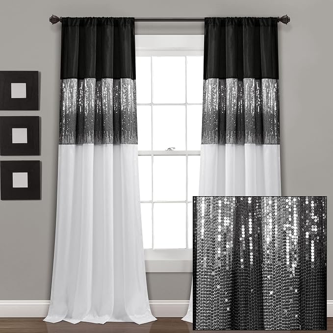 Lush Decor Night Sky Window Curtain Panel, Single 42"W x 95"L Black & White - Sequin Backdrop Curtain - Room Darkening Curtains For Bedroom - Glam Decor
