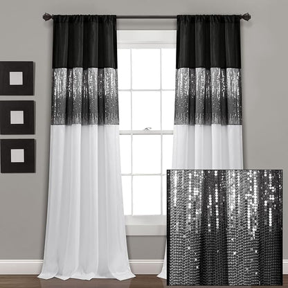 Lush Decor Night Sky Window Curtain Panel, Single 42"W x 95"L Black & White - Sequin Backdrop Curtain - Room Darkening Curtains For Bedroom - Glam Decor