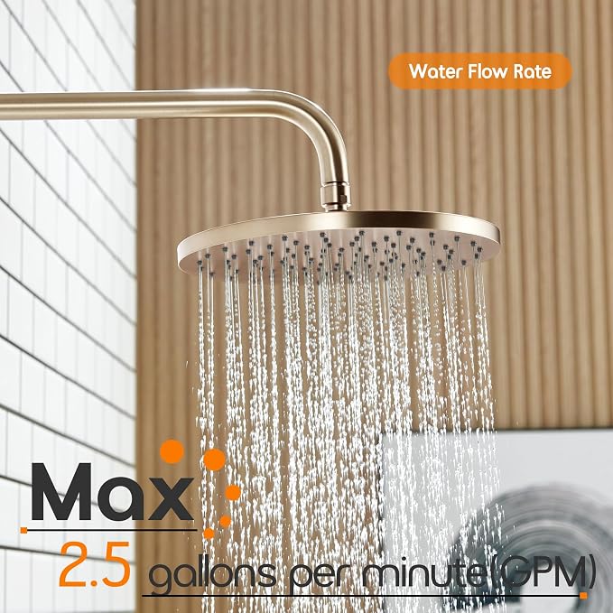 Rainhead Waterfall Shower Head 10-Inch Large Bathroom Overhead Fixed Showerhead High Pressure 2.5 GPM with Adjustable Angle, Champagne Bronze SH001CPG-D10