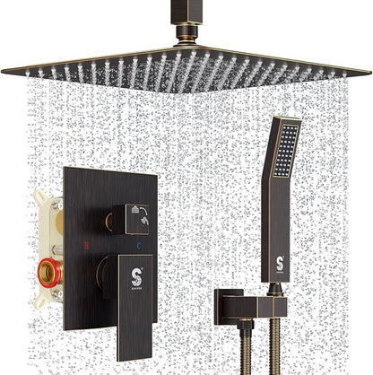 SR SUN RISE 12 Inch Oil Rubbed Bronze Shower System Brass Bathroom Luxury Rain Mixer Shower Combo Set Ceiling Mounted Rainfall Shower Head System Faucet Trim Repair Kits with Rough-In Valve and Trim
