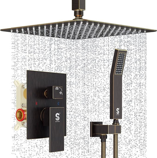SR SUN RISE 12 Inch Oil Rubbed Bronze Shower System Brass Bathroom Luxury Rain Mixer Shower Combo Set Ceiling Mounted Rainfall Shower Head System Faucet Trim Repair Kits with Rough-In Valve and Trim