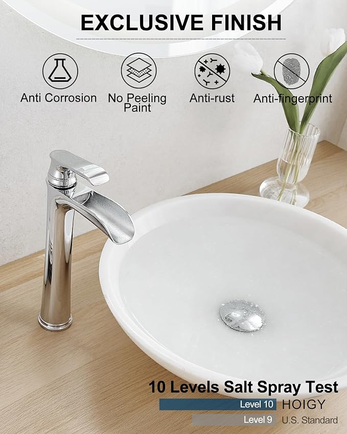 Bathroom Waterfall Faucet, Brass Tall Chrome Bathroom Faucet One Handle, Vessel Sink Faucet 1 Hole, Faucet for Bathroom Sink with Pop-Up Drain & Supply Hoses for Vanity Lavatory RV Farmhouse