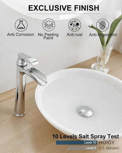 Bathroom Waterfall Faucet, Brass Tall Chrome Bathroom Faucet One Handle, Vessel Sink Faucet 1 Hole, Faucet for Bathroom Sink with Pop-Up Drain & Supply Hoses for Vanity Lavatory RV Farmhouse
