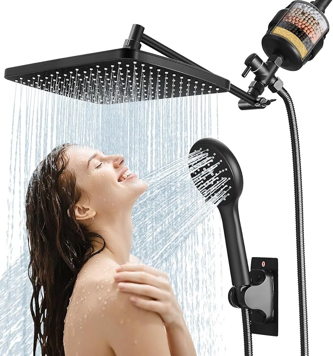 Shower Head with Handheld,High Pressure Black Filtered Shower Head | Rainfall Shower Head,11.8" Rectangular,Rain Shower Head,Dual Shower Head,Bathroom Decor,Metal Extension Arm,5 Spray Mode