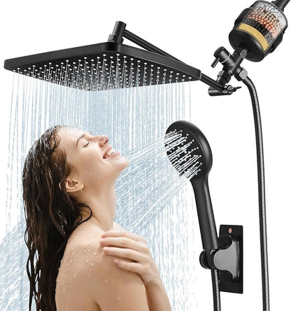 Shower Head with Handheld,High Pressure Black Filtered Shower Head | Rainfall Shower Head,11.8" Rectangular,Rain Shower Head,Dual Shower Head,Bathroom Decor,Metal Extension Arm,5 Spray Mode