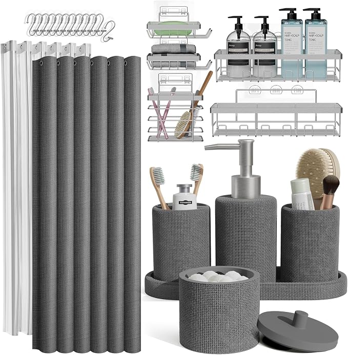 Clara Clark Bathroom Set - Grey Bathroom Accessories Set, 24PC Bathroom Accessory Set, Bathroom Sets with Shower Curtain Set, Adhesive Corner Shower Caddy Hanging & Soap Dispenser