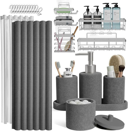 Clara Clark Bathroom Set - Grey Bathroom Accessories Set, 24PC Bathroom Accessory Set, Bathroom Sets with Shower Curtain Set, Adhesive Corner Shower Caddy Hanging & Soap Dispenser