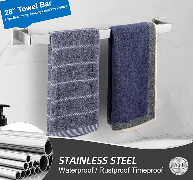 Towel Bar for Bathroom 28 Inch Brushed Nickel Towel Holder 12/16/20/24/28/32/36 Inch Stainless Steel SUS304 Rustproof Towel Rack Modern Square Towel Rod for Bathroom Wall (1, Brushed Nickel, 28 Inch)