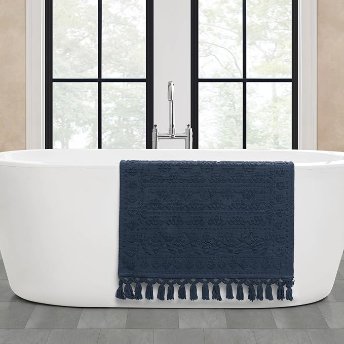 French Connection Nellore Bath Rugs, Woven and Beaded Bath Mats, Durable and Thick Bath Mats for Bathroom and Shower Rugs, 24" x 64", Navy