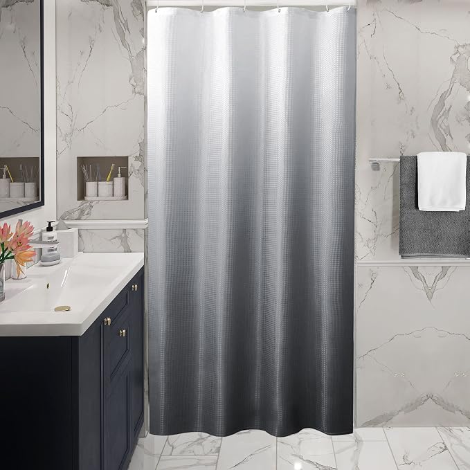 Small Stall Grey Ombre Shower Curtain, 36 x 72 | Narrow Half Gray Ombre Shower Curtain for Bathroom, Fabric Shower Curtain Set, Water Repellent, Machine Washable