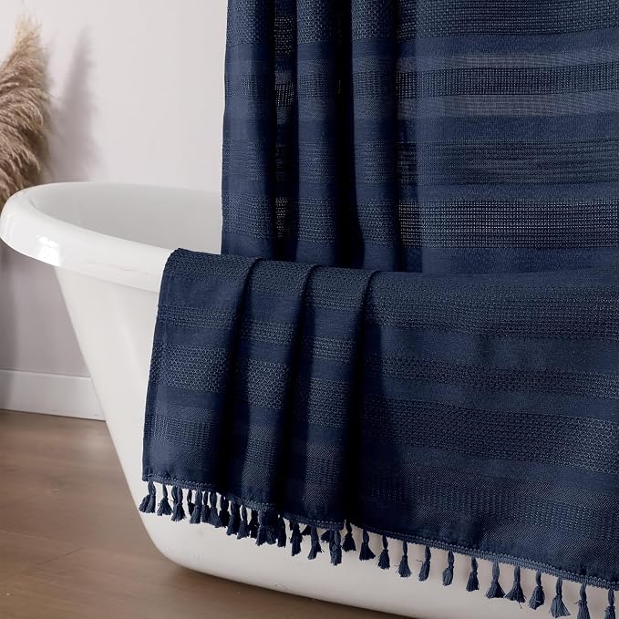 Navy Blue Shower Curtain for Bathroom, Boho Linen Textured Shower Curtain with Tassel, Rustic Striped Heavy Duty Vintage Country Bathroom Curtain, 72Wx72L Inches