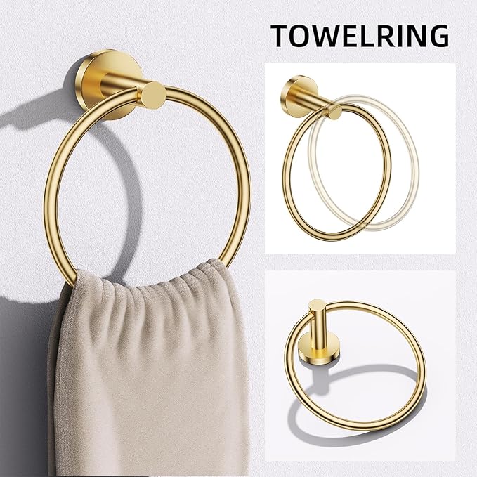 TURS Brushed Gold 5 Piece Bathroom Hardware Set, SUS304 Stainless Steel Bath Towel Bar Set, Bathroom Towel Rack Set Wall Mounted