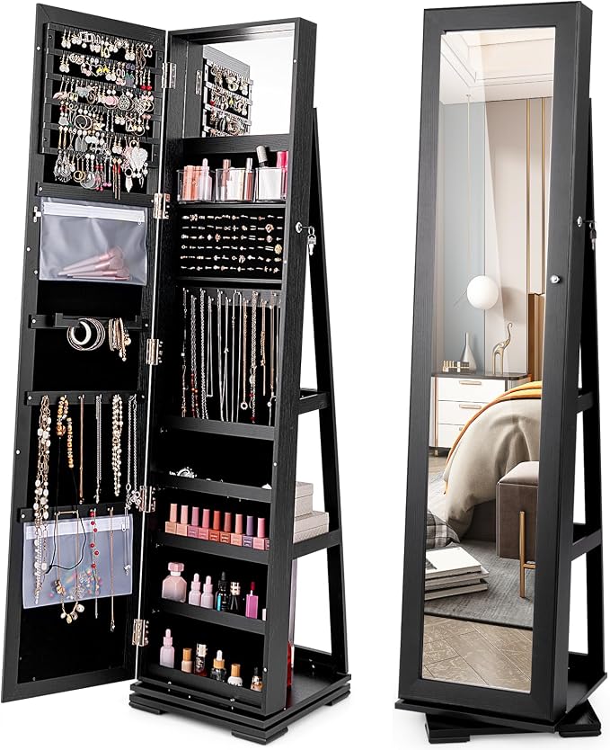 COSTWAY 360 Rotating Jewelry Armoire Cabinet, Standing Jewelry Organizer w/Full-Length Mirror & Large Storage Space, Lockable Mirror Jewelry Cabinet for Girls Women (Black)