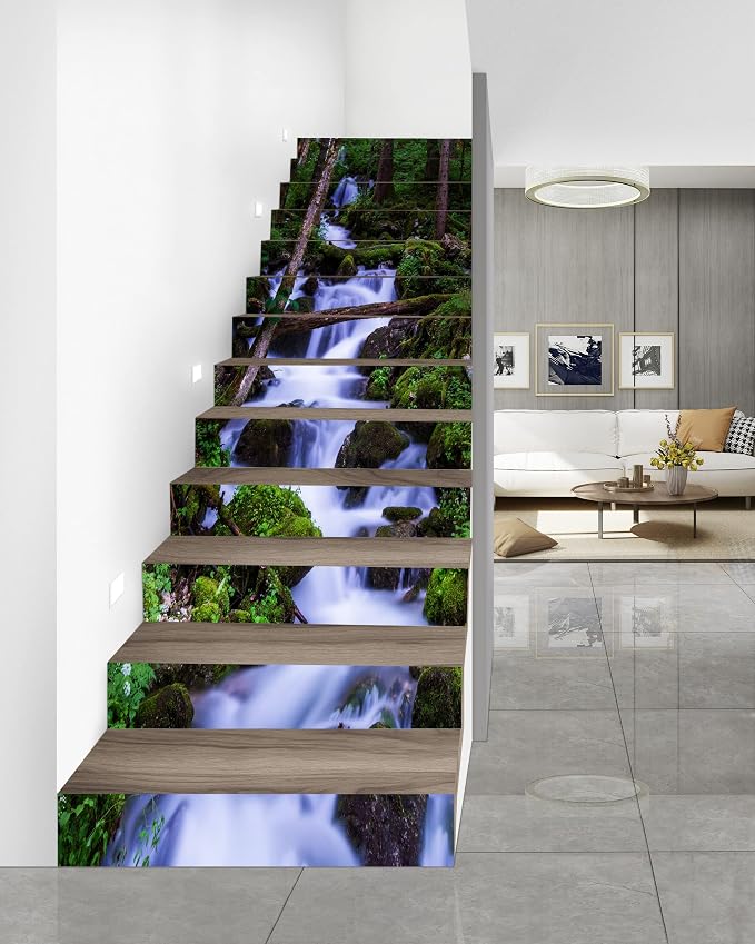 FLFK Stair Riser Decals - Stair Stickers Decals Peel and Stick,Waterfall Stair Decals Self-Adhesive for Home Decor, 39.3" W x 7.08" H x 13Pcs