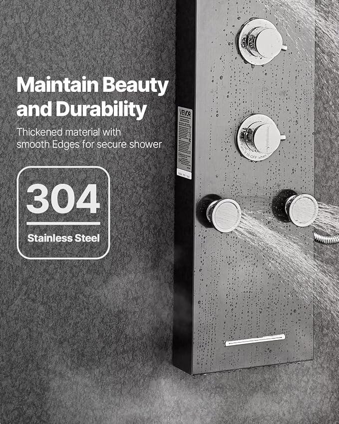 VEVOR Shower Panel Tower System with Rainfall Shower Head, LED, 53 in Brushed Stainless Steel Shower Column, 6-Function Faucet, Wall-Mount Rain Massage System with 5 Body Jets, Handheld, Tub Spout