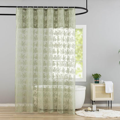 Sage Green Shower Curtain for Bathroom, 72x72, Lace with Attached Valance, | Green lace shower curtain, Sheer Floral Design, Scalloped Trim, Lets in Soft Light for Boho and Cottagecore Bathrooms
