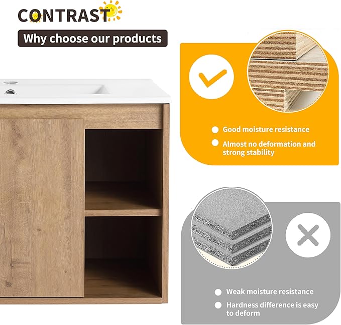 30 Inch Bathroom Vanity with Sink, Imitative Oak Modern Wall Mount Floating Vanity Set with Soft-Closing Door and Ceramic Basin, Contemporary Styling for Elegant Bathrooms