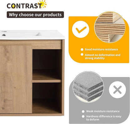 30 Inch Bathroom Vanity with Sink, Imitative Oak Modern Wall Mount Floating Vanity Set with Soft-Closing Door and Ceramic Basin, Contemporary Styling for Elegant Bathrooms