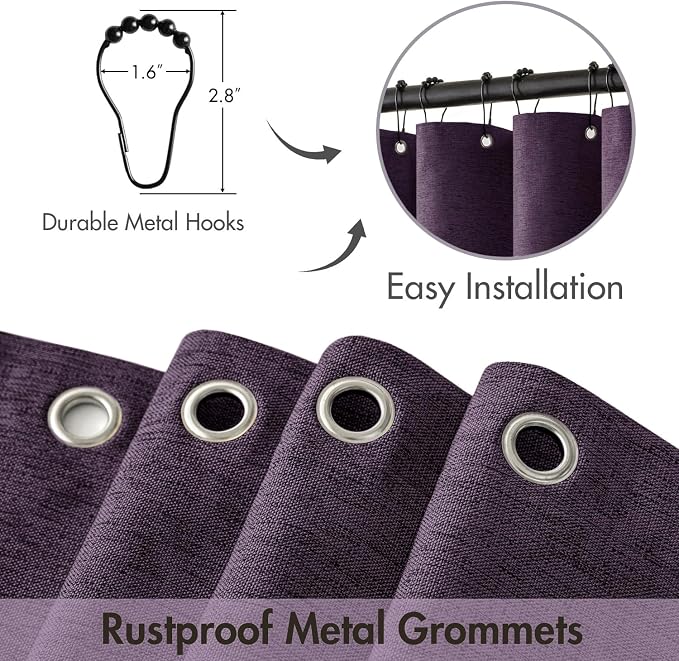 MIULEE Purple Scalloped Linen Shower Curtain 72x72 Inches | Linen Textured, Waterproof, Washable, 12 Metal Hooks, Heavy Duty Cloth, Black Border, Shower Curtain for Bathroom Bathtub