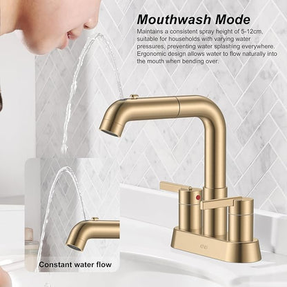 Champagne Bronze Pull Down Centerset Bathroom Faucet 3 Hole 2 Handle | Pull Out Bathroom Faucet with Pop Up Drain & Supply Lines, Lead-Free cUPC & NSF Certified, 4 Inch Faucet for Vanity RV Sink