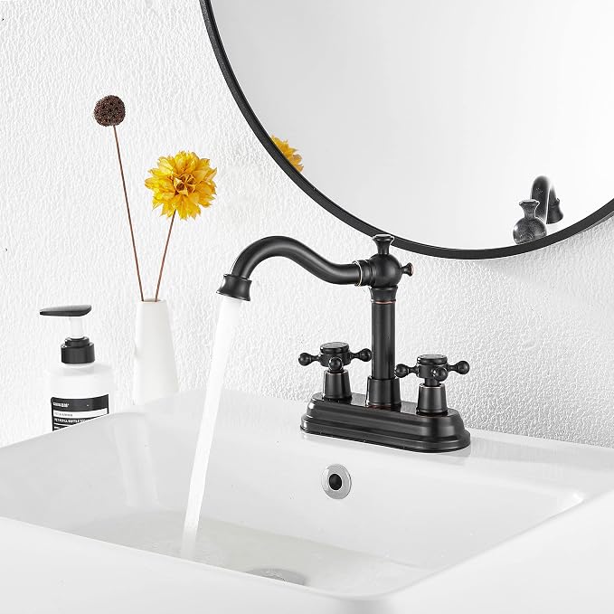 Bathroom Faucet Oil Rubbed Bronze GGStudy 2 Handles 4 Inches Centerset Bathroom Vanity with Drain Assembly and Supply Hose Lavatory Mixer Double Handle Tap
