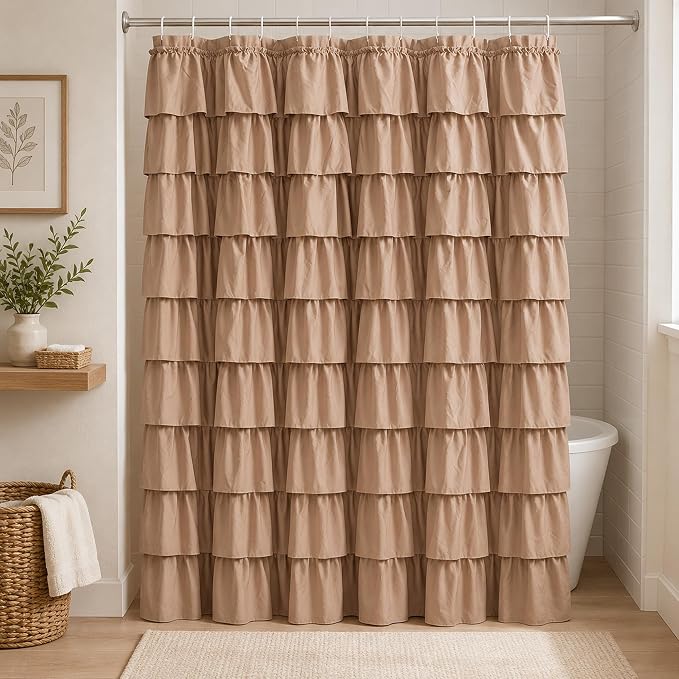 Brown Ruffle Shower Curtain, Chocolate Farmhouse Design for Girls, Elegant Privacy & Cute Luxury Ruffled, Boho Bathroom Decor, Bath Curtains, Vintage Taupe, Modern Country Style, 72 x72 inch