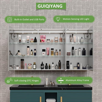 Medicine Cabinet with Lights, Bathroom LED Mirror Cabinet with Storage, Anti-Fog & 3 Color Lights, Recessed or Wall Mounted (60X32 in)