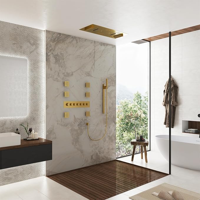 CASAINC Thermostatic Shower System 35x16 Inch Luxury 6 Functions Shower Jets System, Multifunctional Full Body Shower System with Sliding Rod 2 in 1 Handheld, LED & Music (Brushed Gold)