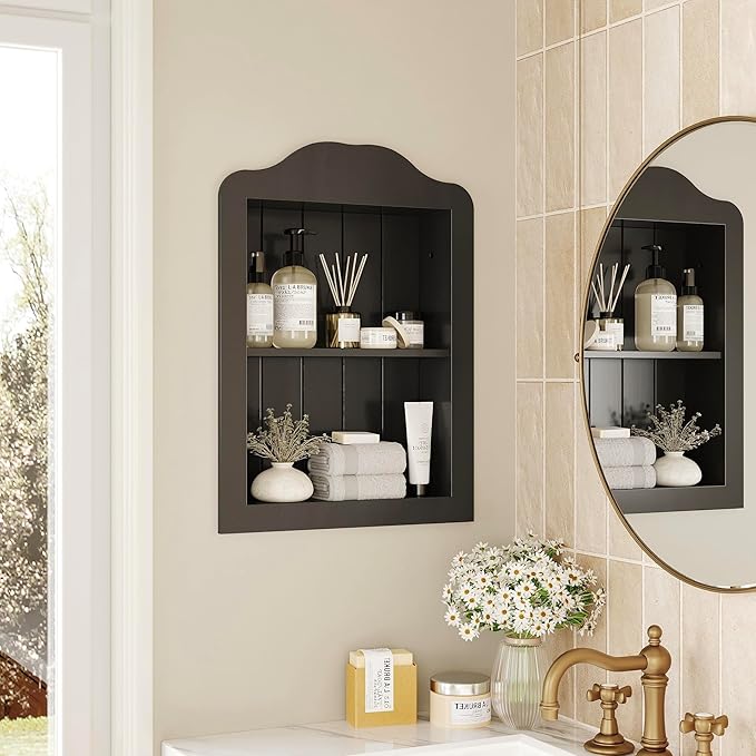 CJL 14‘’ x 18‘’ Recessed Medicine Cabinet, Solid Wood in-Wall Bathroom Cabinet, Victorian Wall Niche Shelf, 2-Tier, Black