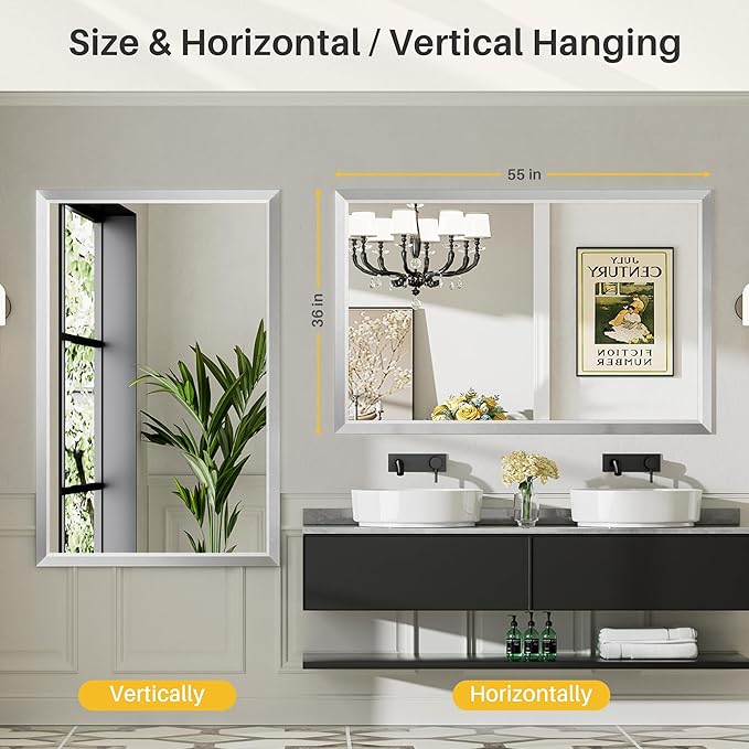 55x36 Inch Brushed Silver Bathroom Mirror for Wall, Thick Metal Framed Rectangle Mirrors for Over Sink, Bedroom, Living Room, Entryway, Anti-Rust, HD Tempered Glass