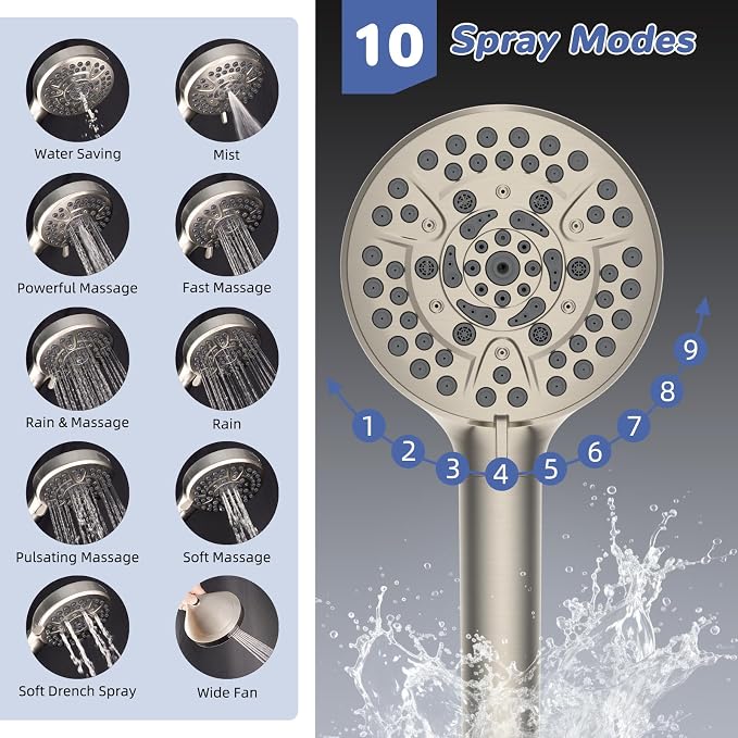 Hibbent 5-spray Filtered Rainfall Shower Head Combo, High Pressure 13'' Showerhead with 10 Spray Modes Handheld, All Metal 3 way Diverter Shower Arm, 71'' Hose and Holder, Brushed Nickel