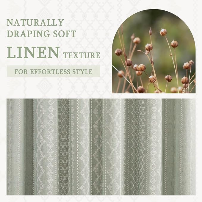 Sage Green Shower Curtain,Boho Linen Fabric for Bathroom with Beige Striped Print,72" W x 72" L