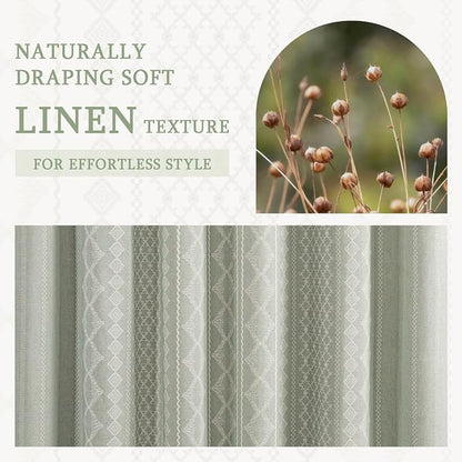 Sage Green Shower Curtain,Boho Linen Fabric for Bathroom with Beige Striped Print,72" W x 72" L