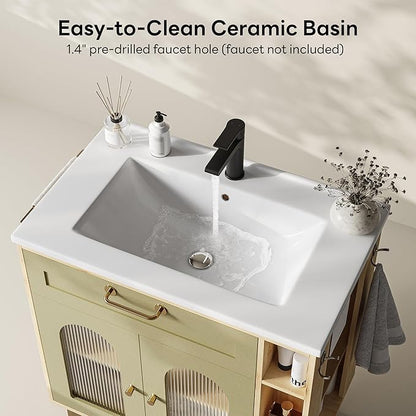 LIKIMIO 30 inch Bathroom Vanity with Sink, Bathroom Vanities Cabinet with Ceramic Sink, Arched Glass Door Storage with Adjustable Shelf, Solid Wood Legs, Towel Bar & Toilet Paper Holder