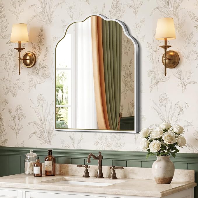 Scalloped Arched Mirror, 18×24Inch Silver Mirror for Bathroom, Wavy Wall Mounted Vanity Mirror with Aluminum Alloy Frame for Livingroom Bedroom and Entryway, Tempered Glass