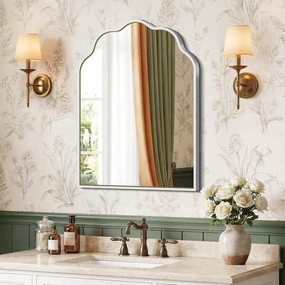 Scalloped Arched Mirror, 18×24Inch Silver Mirror for Bathroom, Wavy Wall Mounted Vanity Mirror with Aluminum Alloy Frame for Livingroom Bedroom and Entryway, Tempered Glass